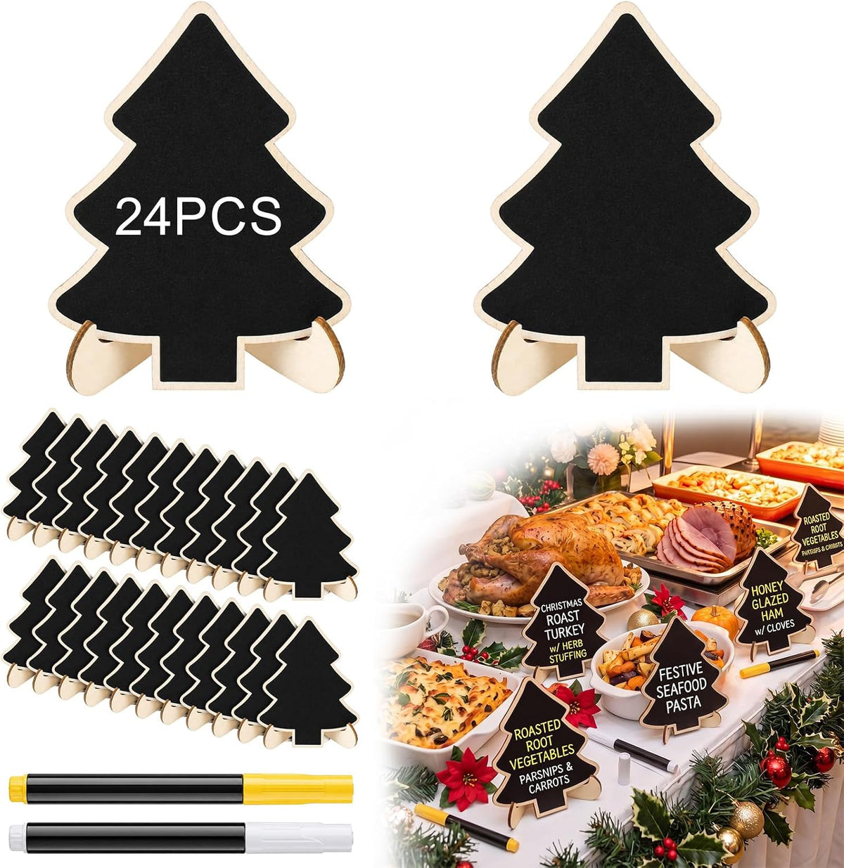 Eaasty 24 Pack Mini Chalkboard Signs with Stand 2 Pens Erasable,Xmas Tree