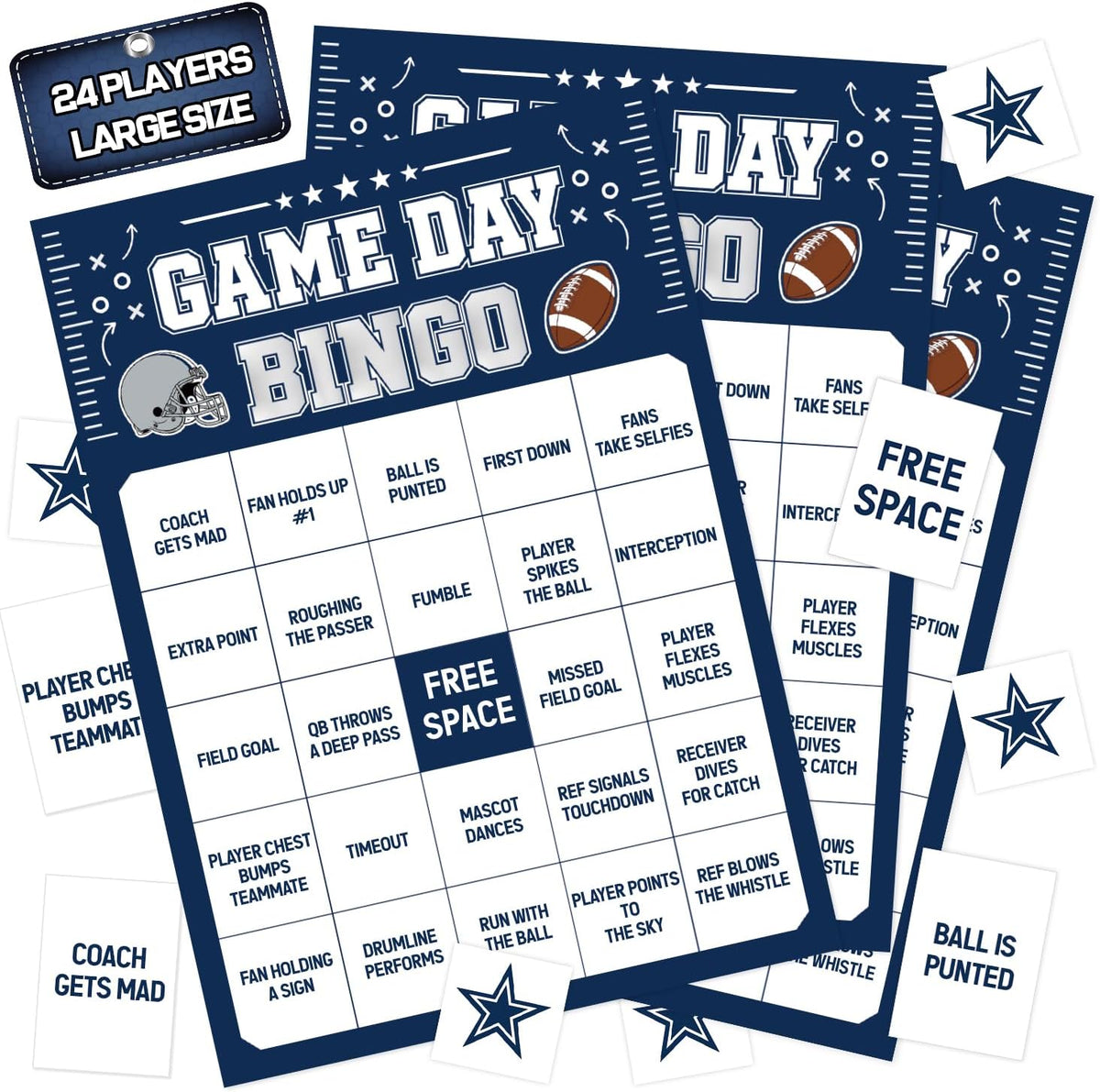 Football Bingo Game Cards - 24 Sheets, Blue