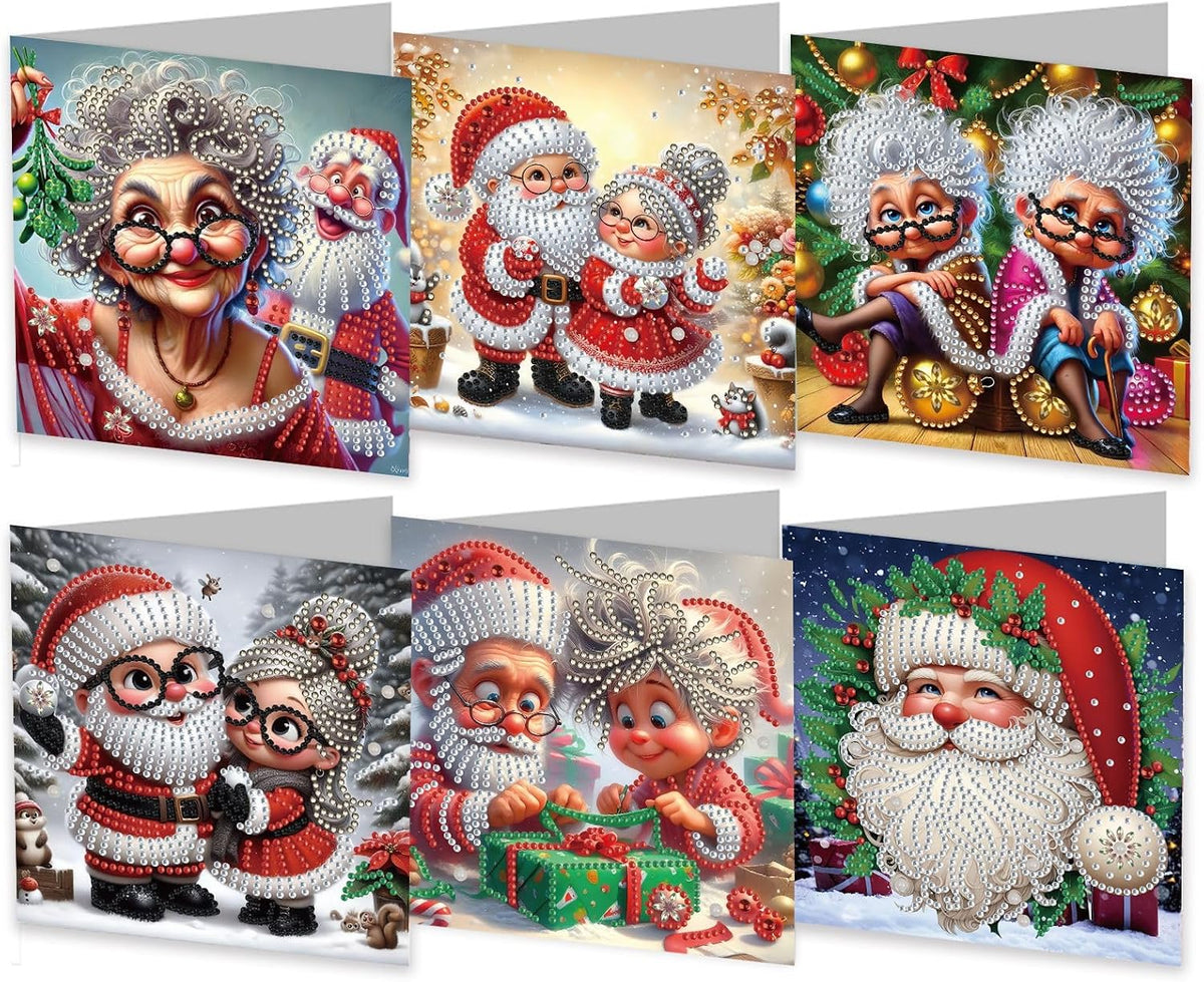 6Pcs Christmas Greeting Card DIY Diamond Art Painting Greeting Cards Blessing Folding Card Kit with White Envelopes Diamond Arts Crafts for Birthday Festival Gift-Santa Claus01