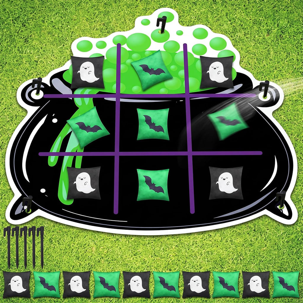 Hollowfly Halloween Tic Tac Toe Bean Bag Game Bubbling Cauldron Party Favors Bean Pillow Cushion Family Night Halloween Activities 1 Pot Felt Mat 10 Bats and Ghosts Bags for Outdoor Yard Background