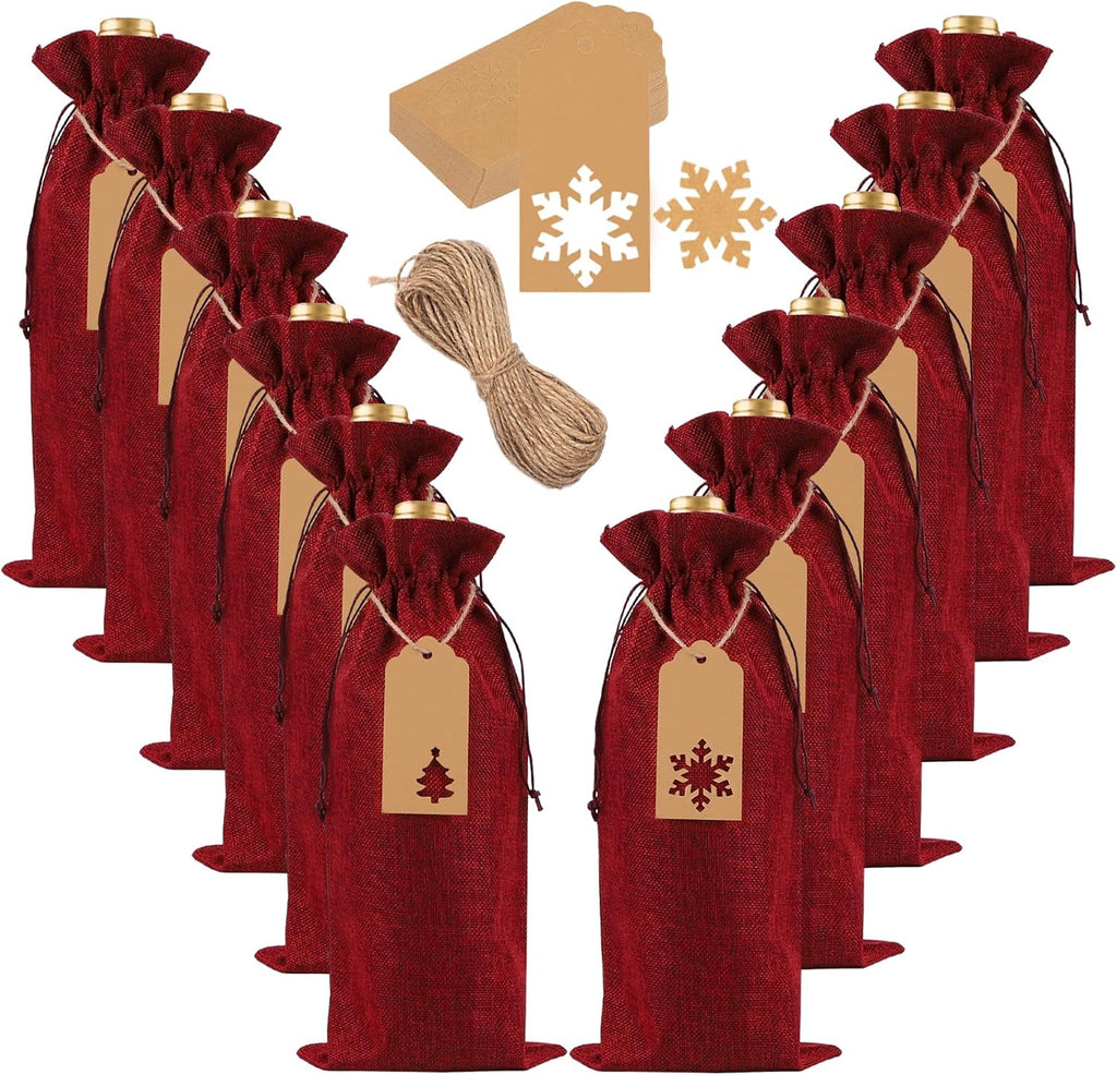 JOICEE 12 Pcs Wine Red Burlap Wine Bags Wine Bottle Gift Bags