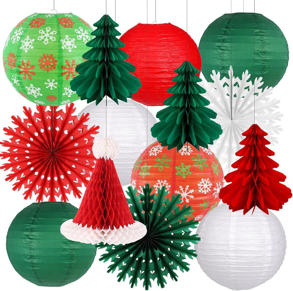 Christmas Party Decorations Paper Lanterns Honeycomb Santa Hat Tree Paper Fans for Christmas Birthday Party New Year Holiday Wall Home Decor