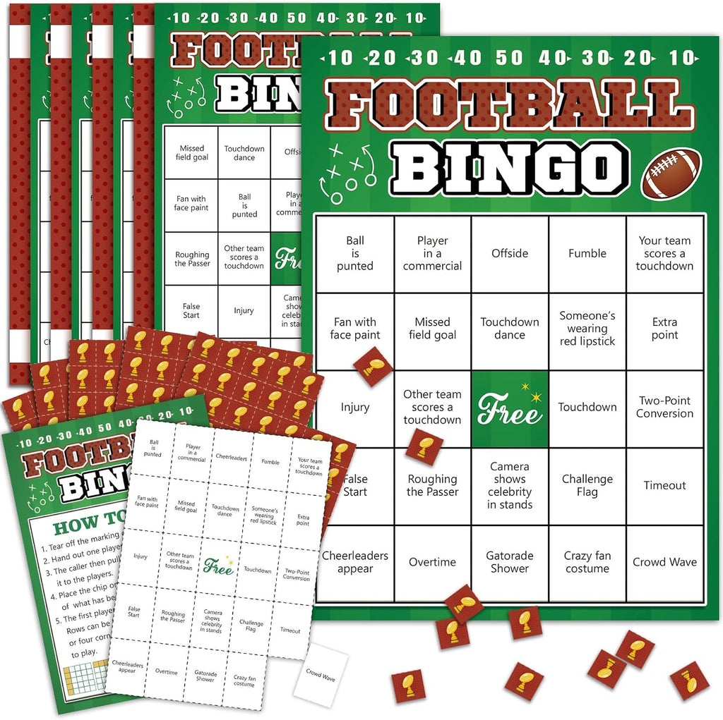 Football Bingo Game Cards - 24 Sheet, Party Favors for Super Bowl, Tailgate, Birthday Party, Family Game Night Activities