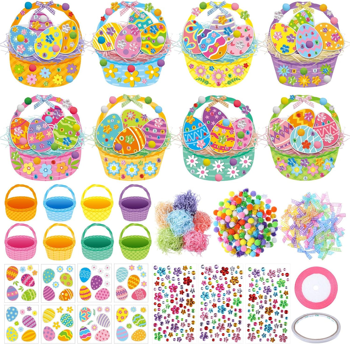 Funrous 48 Sets Crafts Kit Paper Crafts DIY Make Your Own Hanging Ornaments with Pompoms Diamond Stickers for Holiday Classroom Activities Party Favors, Easter Basket