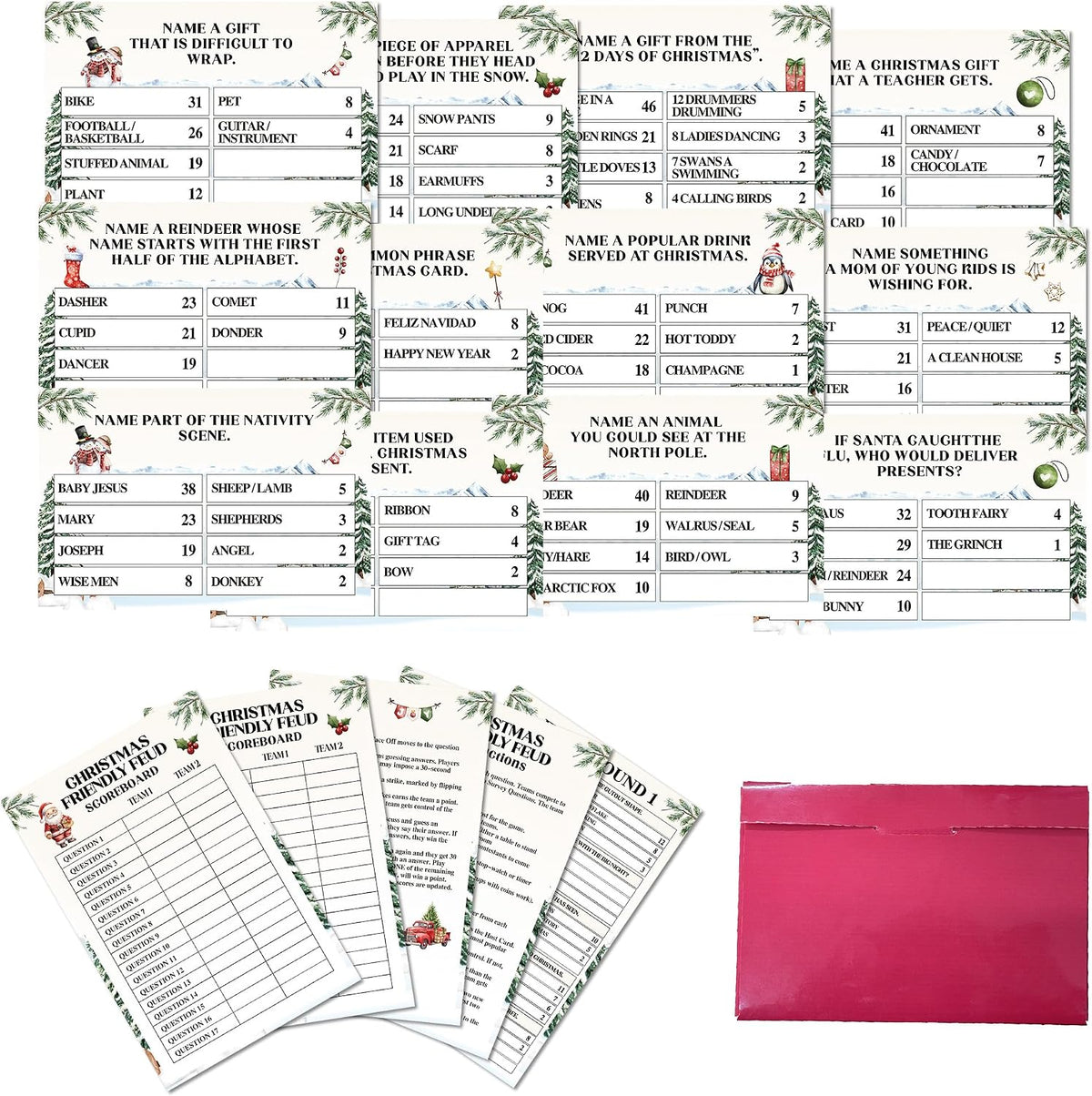 Christmas Friendly Feud Game, Holly Pine Tree Themed Party Game for Family, Winter Party Supplies and Activities Decorations, Holiday Trivia Games for Large Groups, 1 Pack(04)