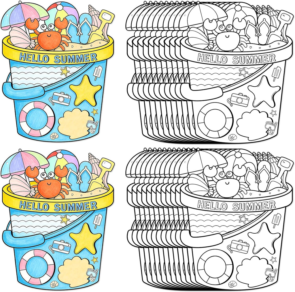 Sereliy 24 Pcs Summer Coloring Wreath Crafts, Color Your Own Bucket Crafts, DIY Paper Wreath for Summer Home Activities Games. (Bucket)
