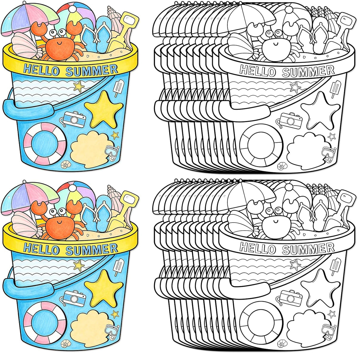 Sereliy 24 Pcs Summer Coloring Wreath Crafts, Color Your Own Bucket Crafts, DIY Paper Wreath for Summer Home Activities Games. (Bucket)