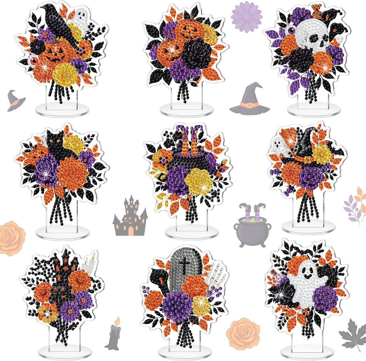Kosiz 9 Pcs Halloween Diamond Art Tabletop Decor Wildflower Diamond Art Kit