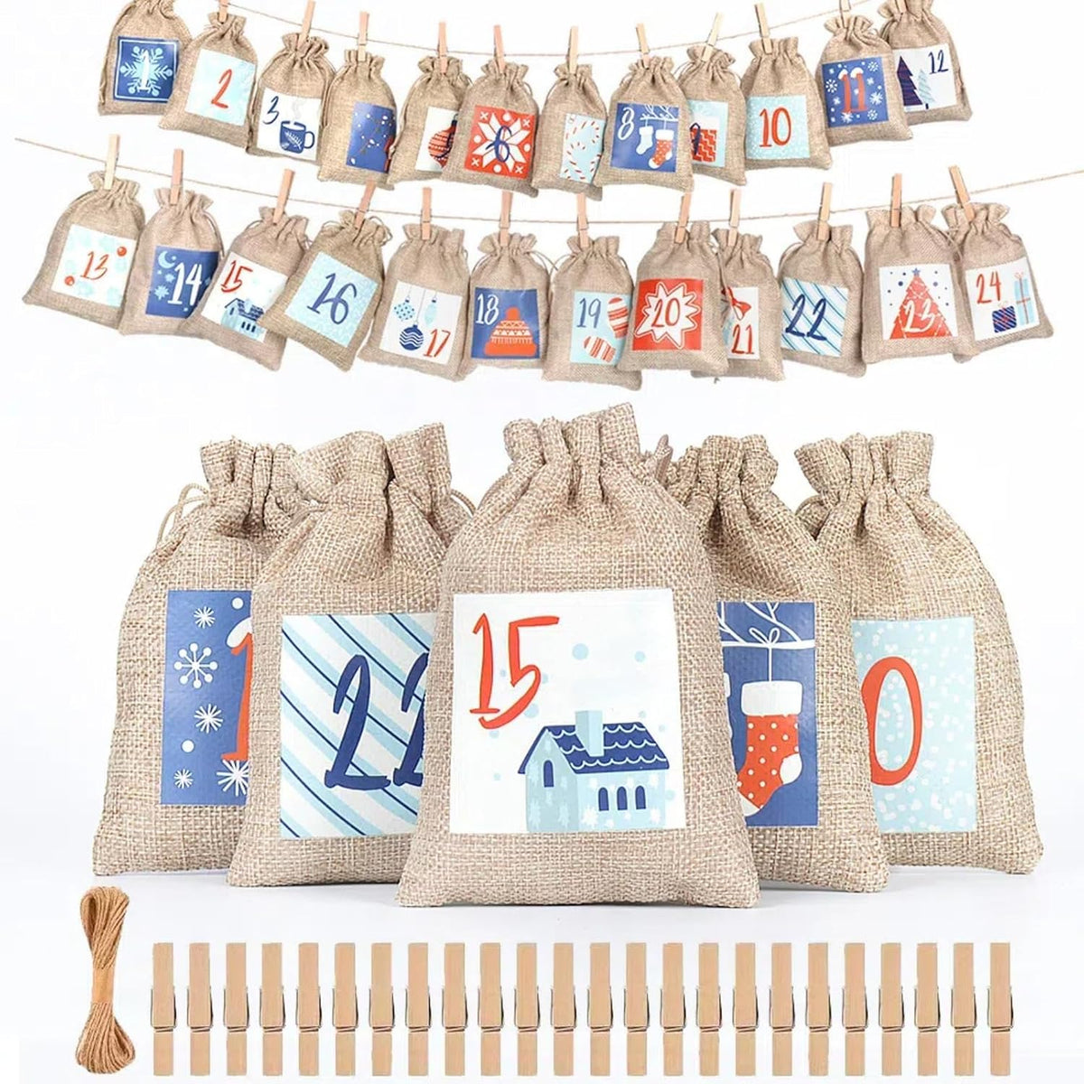 24 Pcs Christmas Advent Calendar Number Bags with Drawstring Closure