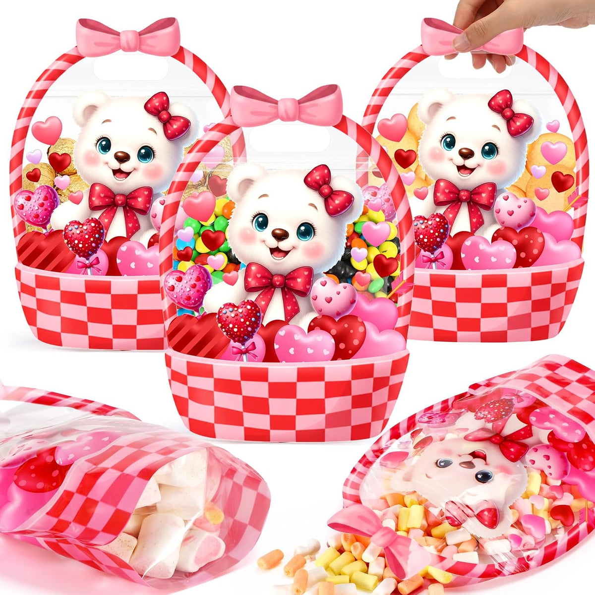 Fuutreo 50 Pcs Valentine Goodie Bags Valentine Bear Treat Bags with Handles Resealable Plastic Red Love Gift Pouches for Holiday Candy Wrapping, Party Goodie Supplies Romantic Gift Decor (Bear)