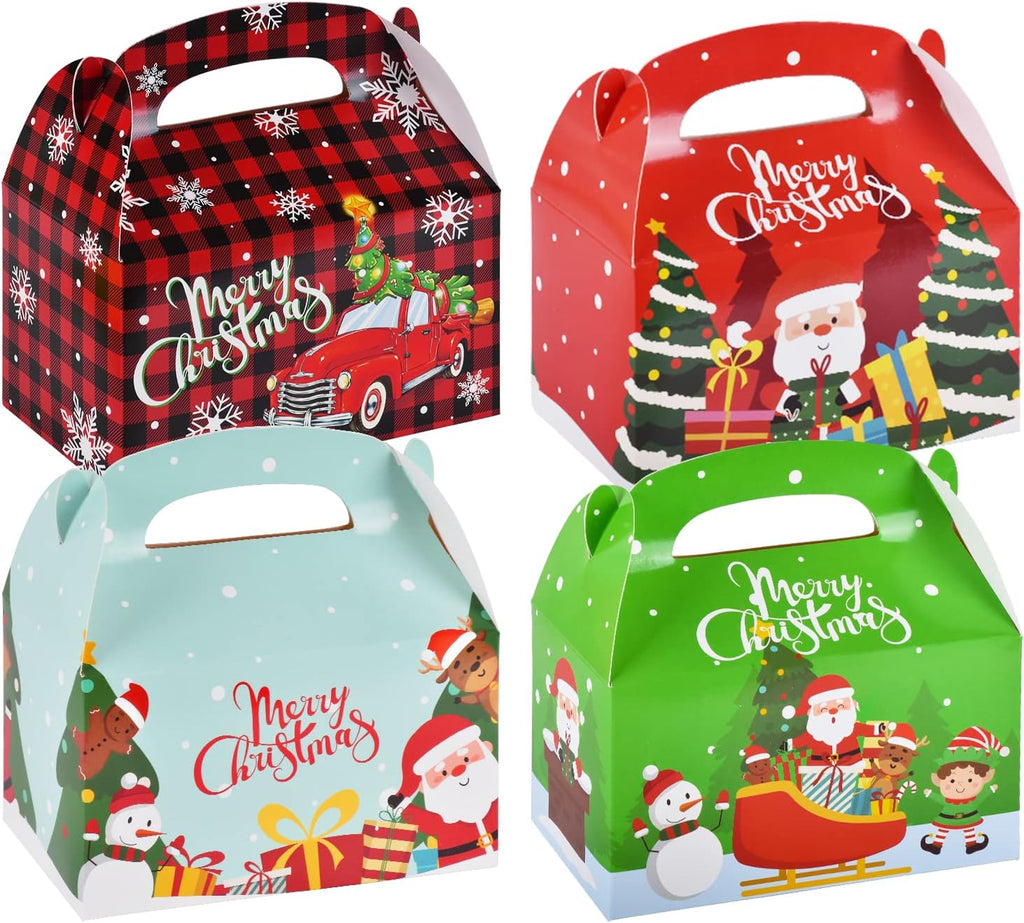 Gatherfun 24 Pieces Christmas Treat Box Candy Gable Boxes Goodie Boxes Cardboard Present Box Cookie with Handles for Christmas Party Favors, 6.2 x 3.5 x 3.5 Inches, 4 Designs
