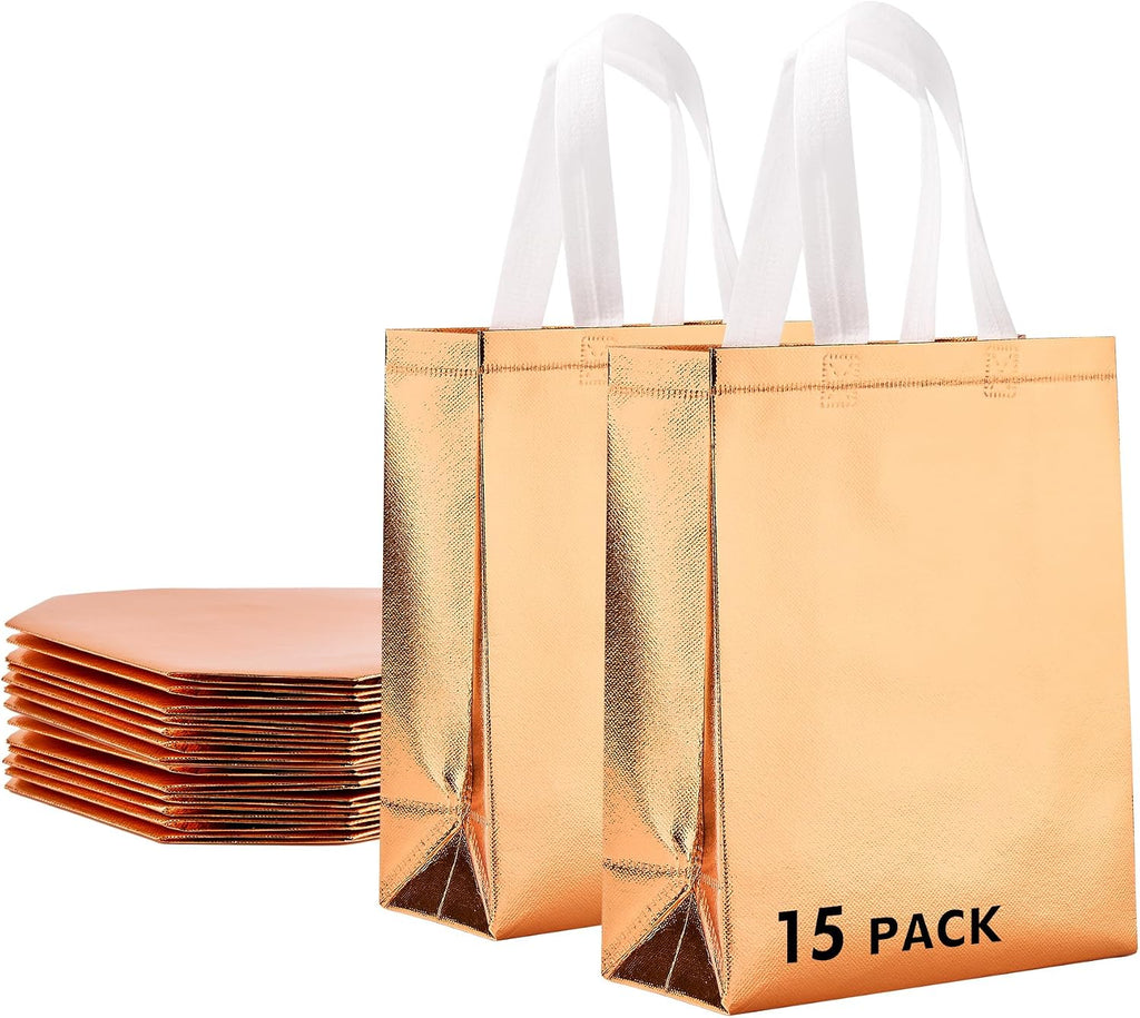 RACETOP 15 Pcs Rose Gold Reusable Gift Bags Bulk, 8x4x10 Inch Elegant Non-woven Sparkle Gift Bags for Birthday, Wedding, Party Favors, Fashion Accessories Packaging