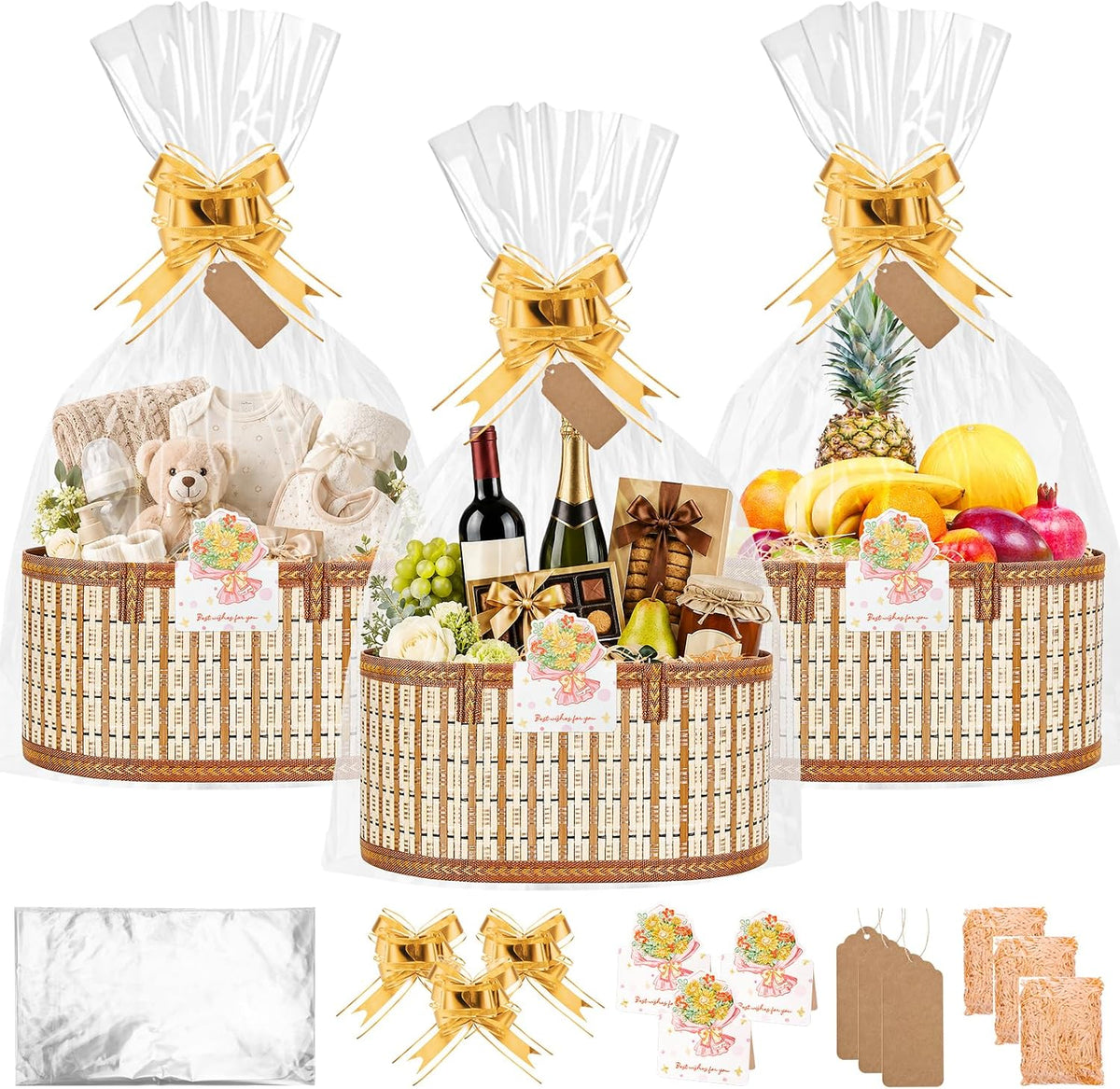 SelfTek 3 Pack Baskets for Gifts Empty, Woven Bamboo Gifts Basket Kit with Wrap Bags, Gift Card, Raffia and Pull Bows, Gifts Baskets for Birthday, Wedding, 35 x 20 x 15 cm - Gold