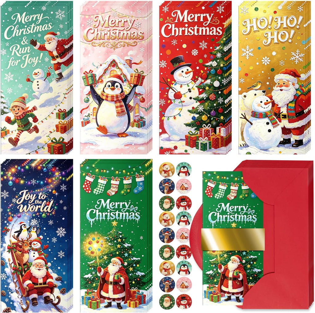 24 Pack Christmas Money Card Holders, 6 Unique Festive Xmas Designs Snowman Polar Bear Santa Reindeer Tree Cash Gift Cards, Includes Envelopes & Stickers, Xmas Cash Check Gift Card Holders for Holiday Present