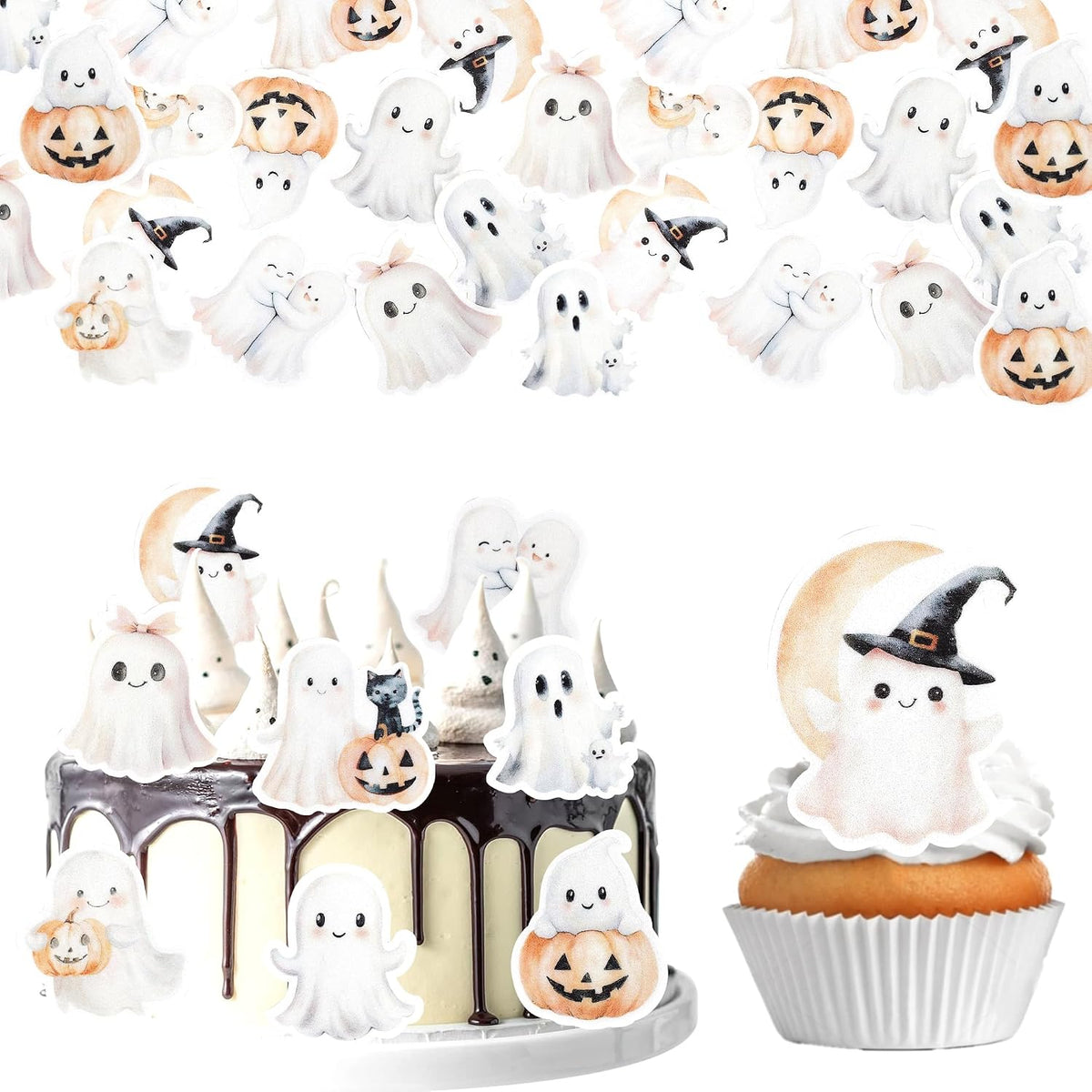 60 PCS Edible Halloween Cupcake Toppers Wafer Paper Spooky Cat Wizard Hat Pumpkin Cupcake Picks Edible Cat Ghost Cake Decorations for Baby Shower Birthday Halloween Party Cake Decorations Supplies