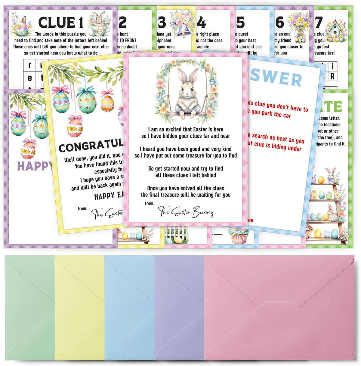 Easter Scavenger Hunt Games, Easter Treasure Hunt Clues Game Cards, Family Party Games for Kids and Adults, Holiday Party Game for Activities Decorations Supplies, 5x7 Inch (Outdoor)-A01