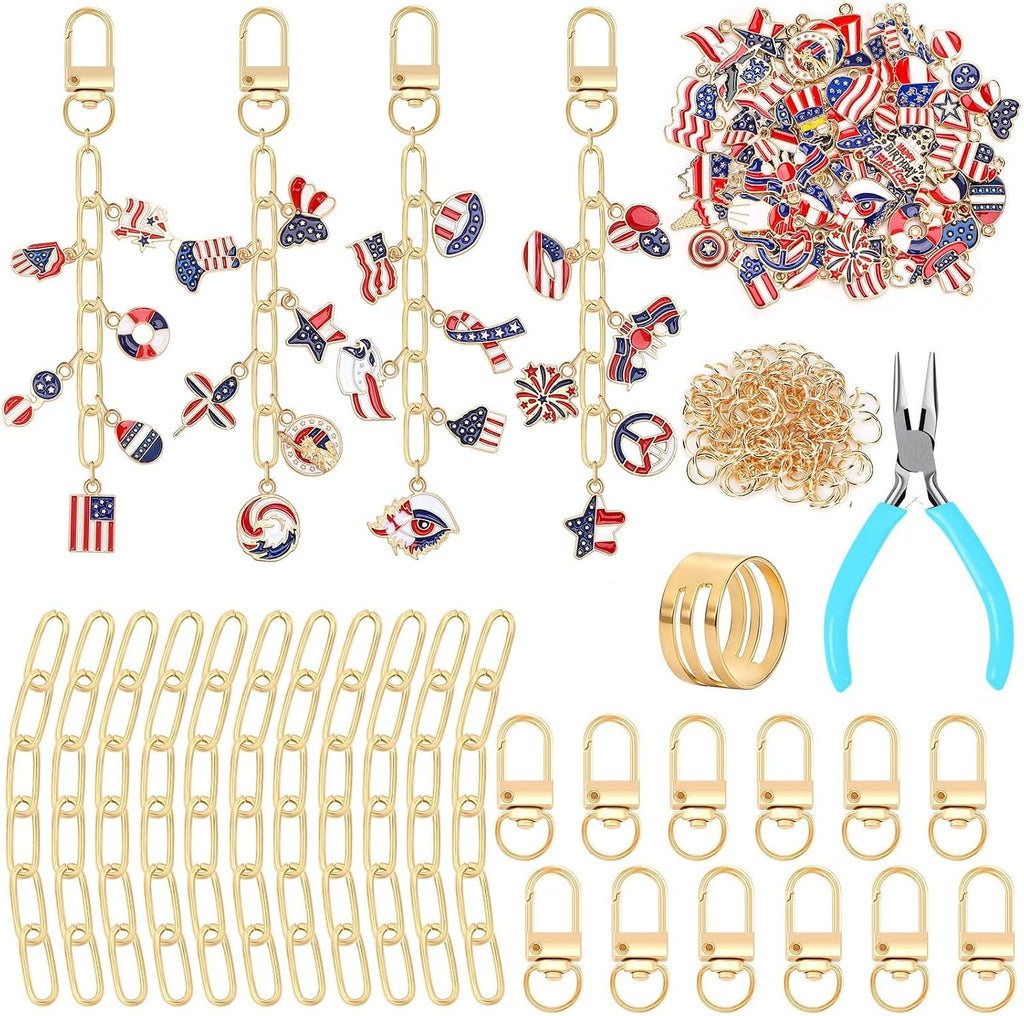 AUGSUN 189 Pcs 4th of July Keychain Making Kit Patriotic DIY Keychain Craft