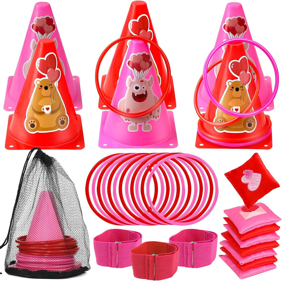 39Pcs 4 in 1 Valentines Day Party Games for Kids with Ring Toss, Plastic Cones, Bean Bags, 3-Legged Race Bands, Stickers, Carnival Valentine's Games Activity Combo Set for Classroom Indoor Outdoor