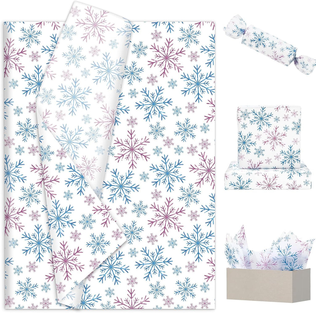 JarThenaAMCS 100 Sheets Christmas Tissue Paper Blue Purple Snowflake Gift Wrapping Paper Watercolor Art Papers for Winter Xmas DIY Crafts Supplies, 14 x 20 Inch
