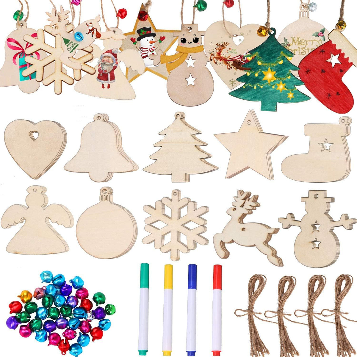 DECYOOL 50Pcs Christmas Wooden Ornaments Set, 10 Styles Plain DIY Crafts