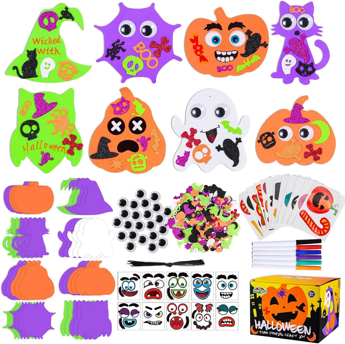 Max Fun 332PCS Halloween Crafts for Kids, Halloween Activities Foam Pumpkins for Crafts Stickers Gift Kits, DIY Art and Craft Set for Holiday Classroom Decorations Party Favors Supplies