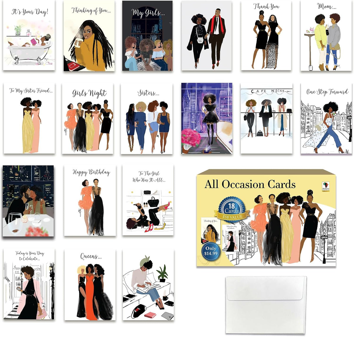 African American Greeting Cards Assortment Box – 18 All-Occasion Christian Greeting Cards with Envelopes – Birthday, Encouragement, Friendship, Romance, Engagement, , Mother's Day, Get Well & More