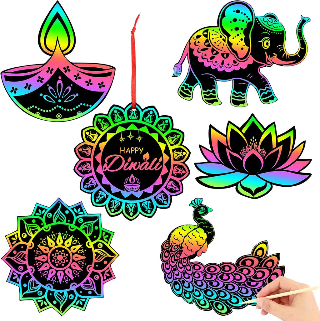 JULMELON 36 Pcs Diwali Crafts for Kids Rainbow Scratch Art Party Favors