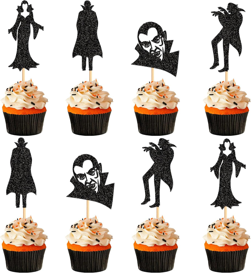 24Pcs Glitter Black Vampire Cupcake Toppers Halloween Cupcake Picks