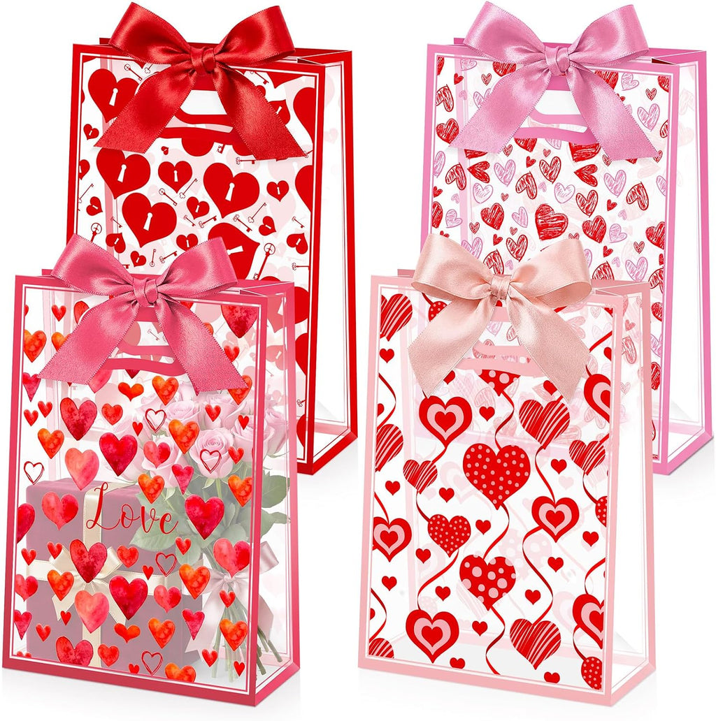 Capoda 24 Pack Gift for Valentine's Day Bags with Handle & Ribbons - Reusable Plastic Heart Favor Bags for Classroom School Party Exchange, Waterproof Goody Treat Totes for Galentine's Wedding Gifts
