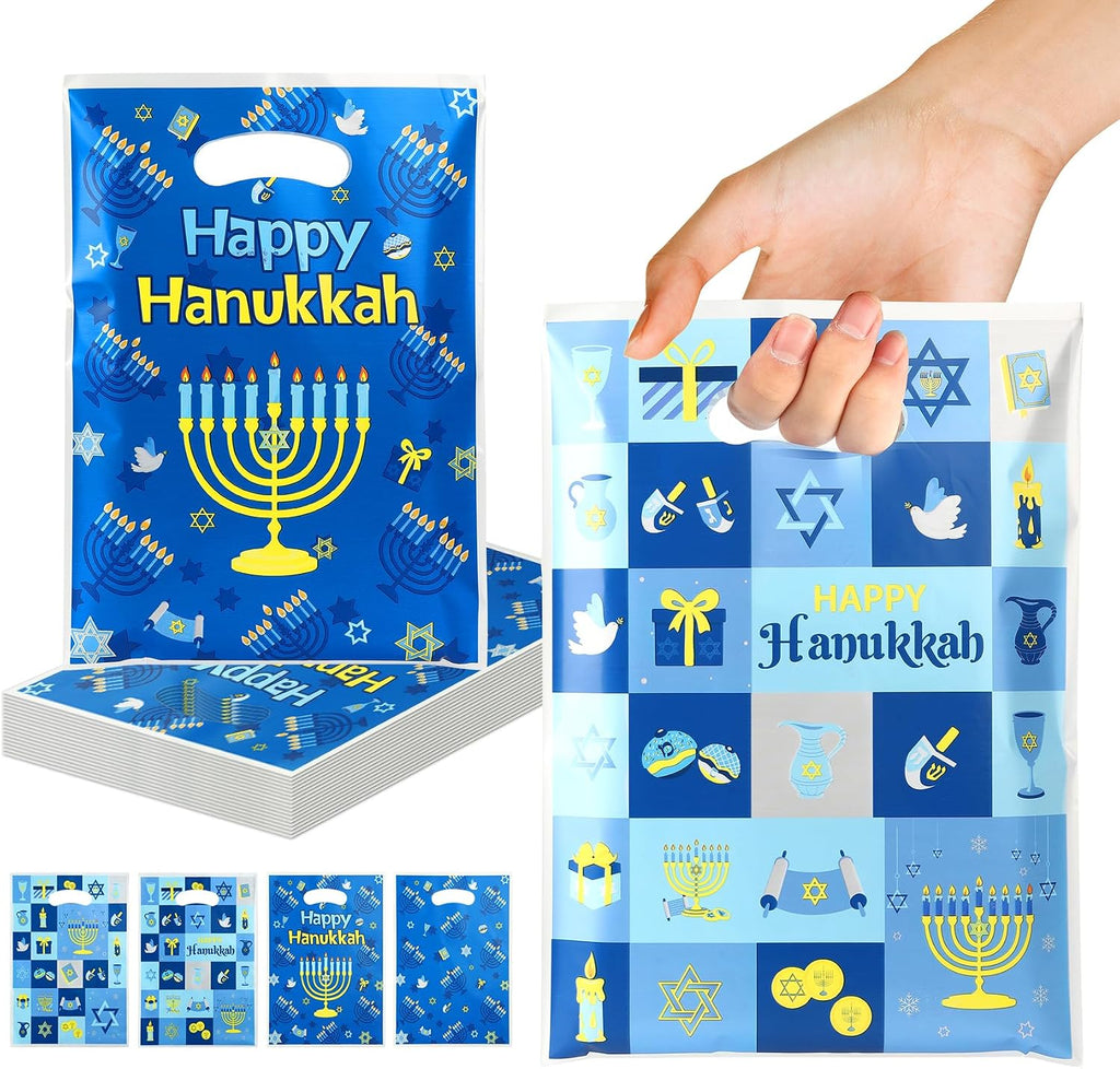 vueuKiGE Hanukkah Gift Bags, 50 PCS Hanukkah Treat Bags with Handles, 7x9.8 Inch Plastic Chanukah Gift Goodie Candy Cookie Bag Jewish Themed Party Favor Bag for Hanukkahs Party Decorations Supplies