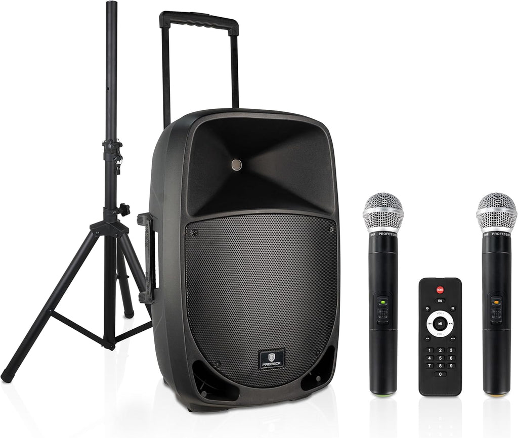 Portable 15" 1600W 2-Way Rechargeable Powered Dj PA Speaker System with Bluetooth, Rechargeable Battery, 2 Wireless Mics, USB, SD, FM Radio, Remote & Speaker Stand for Parties, Events, gigs, Outdoor