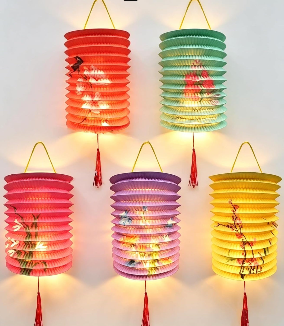5PCS Paper Lanterns with LED Lights Valentines Day Chinese New Year'eve Spring Festival Lantern 6.3inches , Hanging Lighting Lanterns for Mid Autumn Dinner Birthday Party Decoration