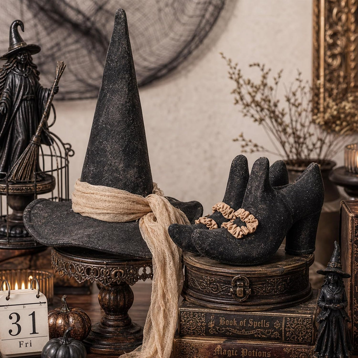 Chicingyou 2 Pcs Vintage Halloween Witch Hat Witch Shoes Table Centerpiece