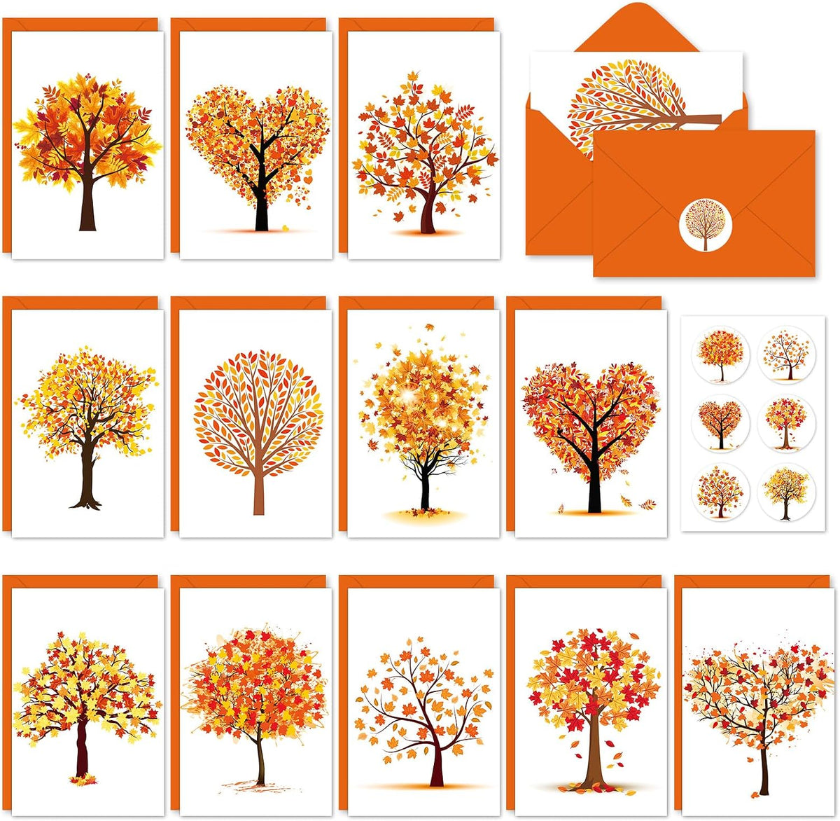 Whaline 48 Pcs Fall Greeting Cards Autumn Tree Blank Note Cards with Envelopes Stickers for Autumn Holiday Birthday Party, 4 x 6 Inch
