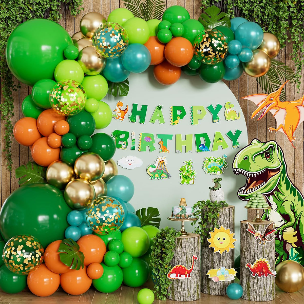 Dinosaur Balloon Arch Garland Kit, 144PCS Dinosaur Birthday Party Decorations with Dino Banner & Happy Birthday Banner, Jungle Balloons for Kids Boys Dino Jungle Safari Birthday Baby Shower Party