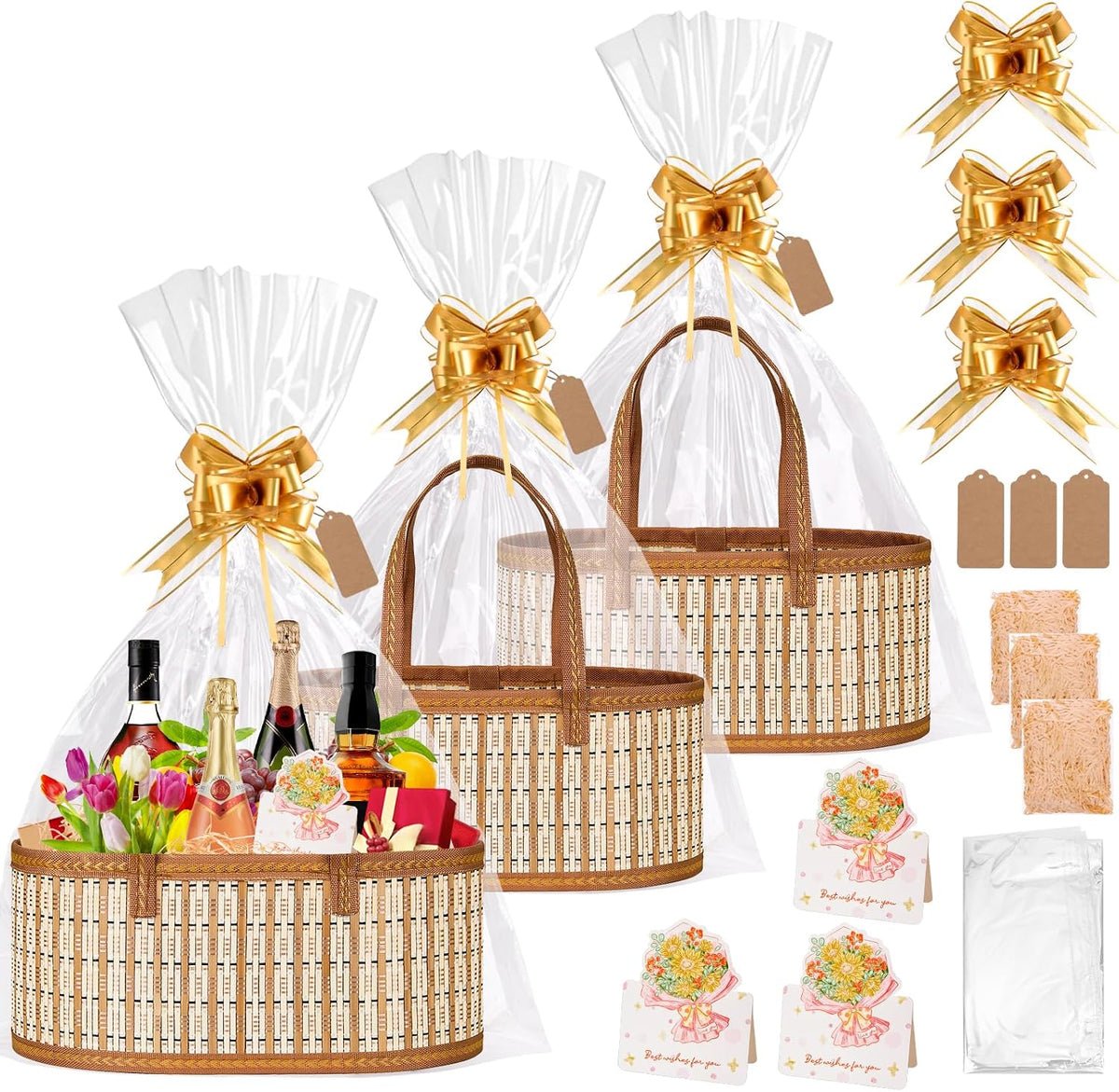Dreamtop 3 Set Baskets for Gifts Empty, Woven Bamboo Gift Basket Empty Large with Handles, Sturdy Gift Basket Kit Empty to Fill for Christmas Birthday Baby Shower Wedding Gift
