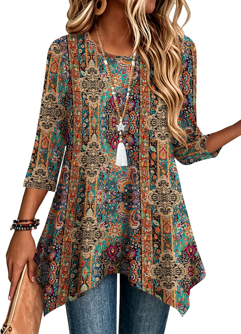 Zeagoo Womens Tops 3/4 Sleeve Loose Fit Dressy Tunics Plus Size Boho Shirts
