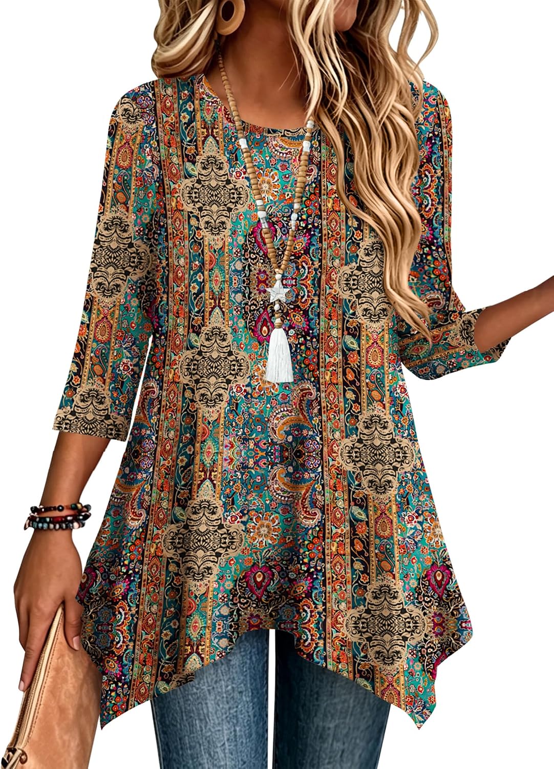 Zeagoo Womens Tops 3/4 Sleeve Loose Fit Dressy Tunics Plus Size Boho Shirts
