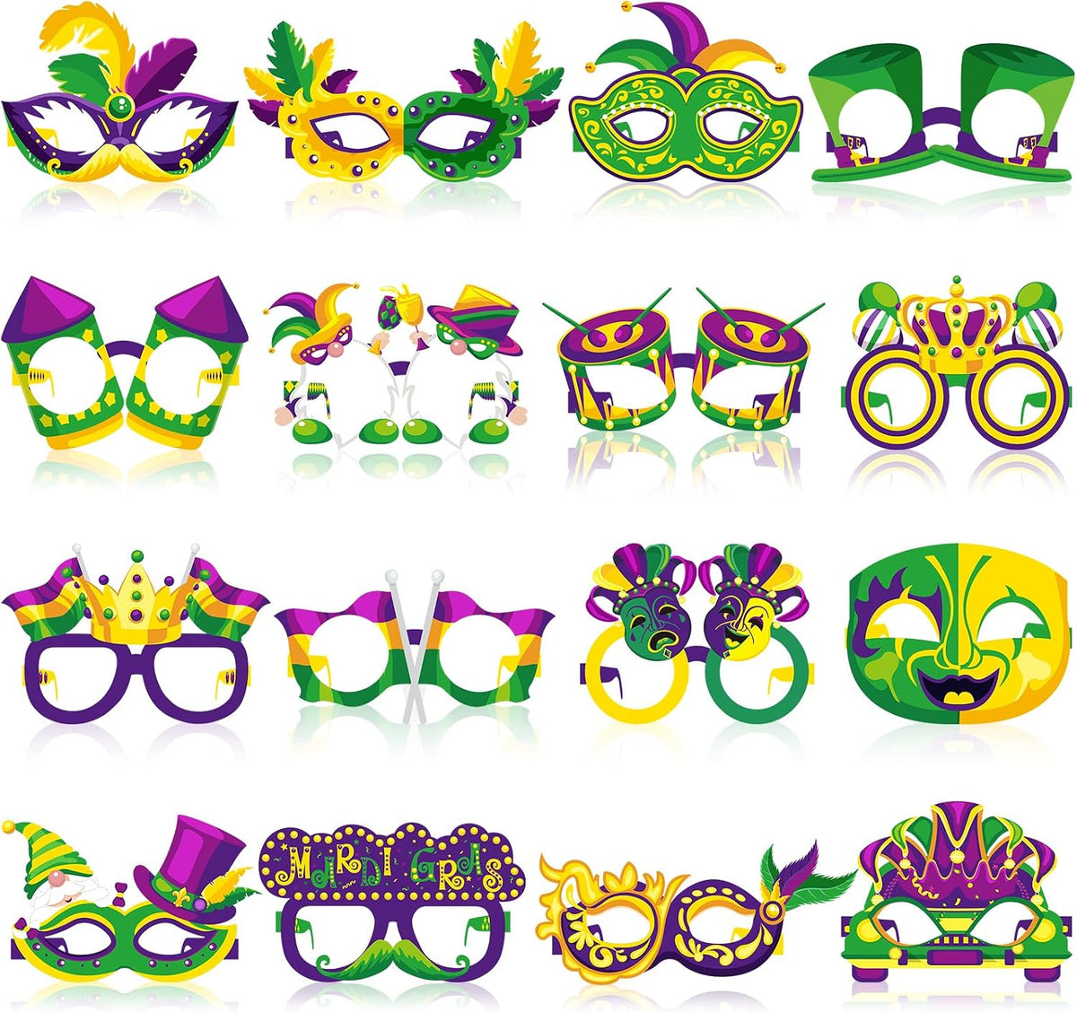 Threan 48 Pcs Mardi Gras Paper Eyeglasses Party Decor Garland Crown Mask Costume Photo Booth for New Orleans Favor Decor