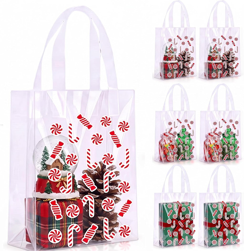 Pajean 25 Pcs Christmas Plastic Gift Bags with Handles, Candy Cane Pouches