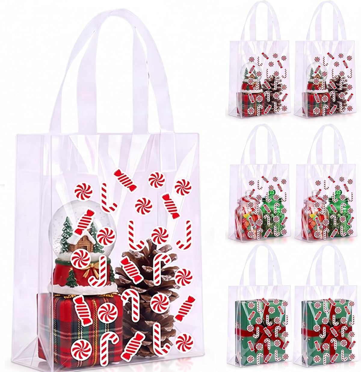 Pajean 25 Pcs Christmas Plastic Gift Bags with Handles, Candy Cane Pouches