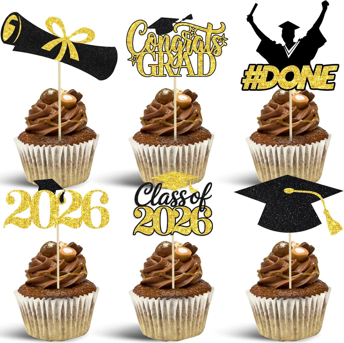24 Pieces 2026 Graduation Cupcake Toppers and Wrappers, Adjustable Grad Cap Diploma Cake Decorations for Class of 2025 Graduation Party Supplies (Black Gold)