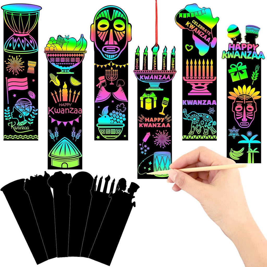JUNEBRUSHS 30Pcs Kwanzaa Craft for Kids, Rainbow Magic Scratch Art Bookmark