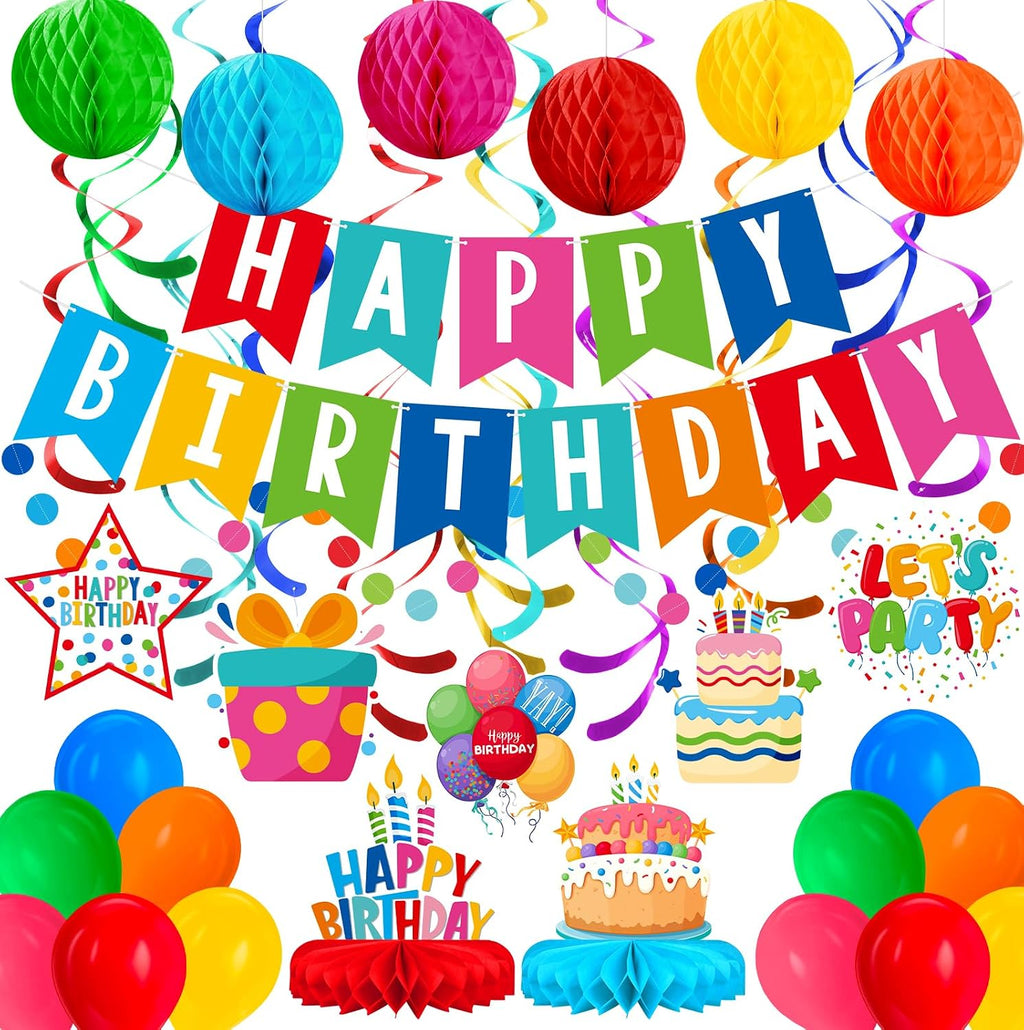 Happy Birthday Decorations Kit: Happy Birthday Banner,Birthday Circle Confetti Garland, Swirl Streamers, Honeycomb Balls, Birthday Balloons and Honeycomb Centerpiece for Kids' Birthday Party Supplies