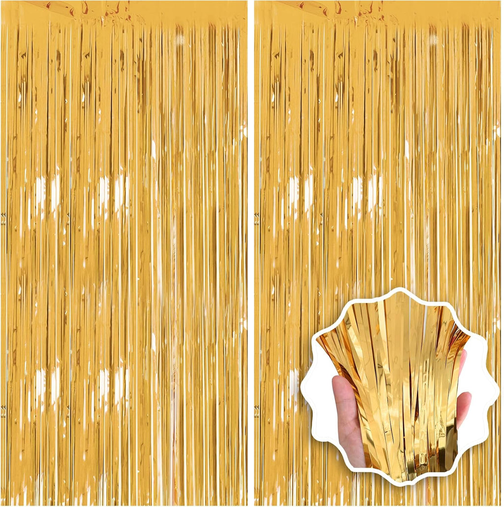 2 Pack 3.3x8.2 FT Gold Backdrop Birthday Decorations Foil Tinsel Curtain Gold Dooor Streamers Party Hanging Decorations Photo Booth Props for Birthday Graduation Bachelorette Christmas New Years Eve
