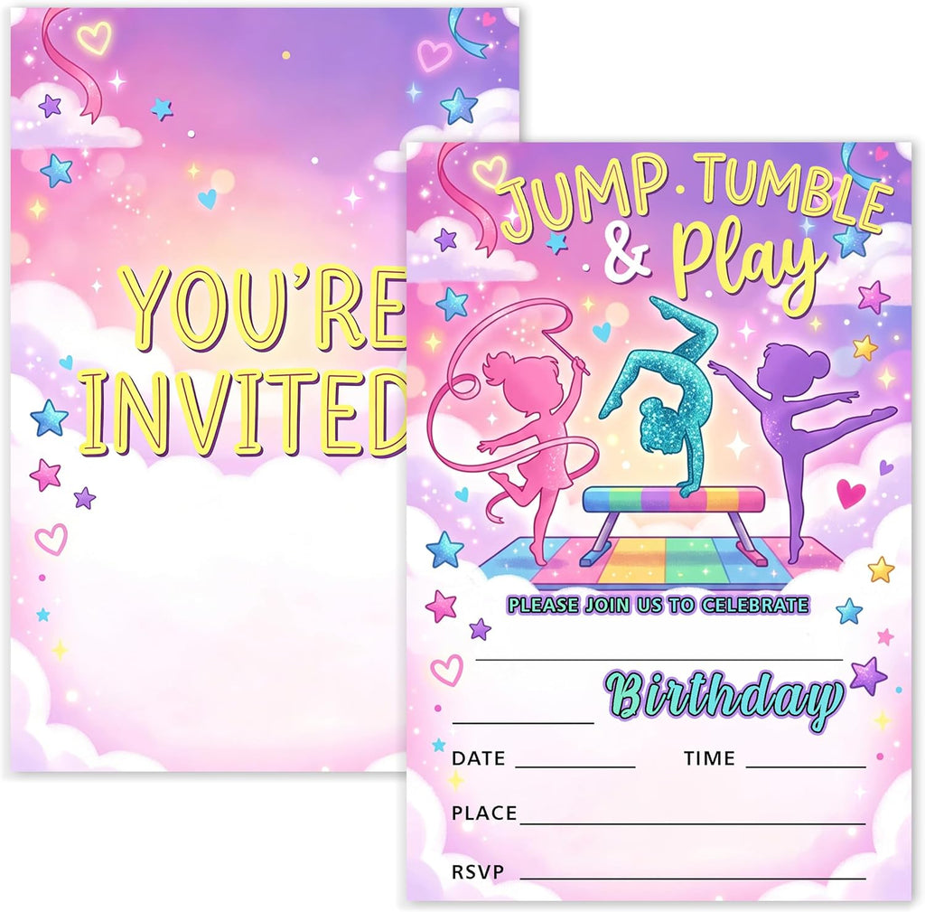 Gymnastics Birthday Invitation Girl, Pink Purple Gymnastics Double-Sided Fill In Style Invites with Envelopes for Birthday, Jump Party Invitation For Girls, Teens, Bday Party Favor & Decoration