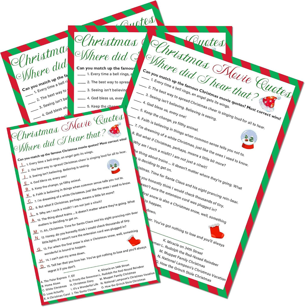 Christmas Movie Quotes Game Card - 20 Holiday Game Cards With 1 Answer Card - Xmas Film Party Funny Activity for Family, Adults & Teens - Christmas Party Supplies & Decor (Red & Green Stripe) - A04
