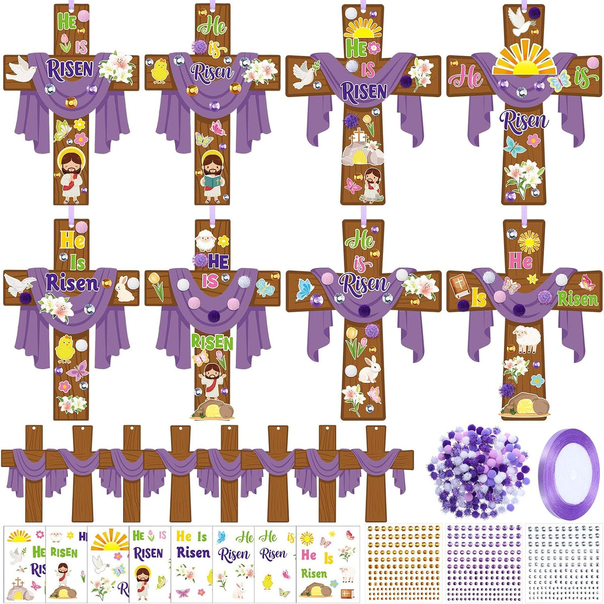 Funrous 48 Sets Crafts Kit Paper Crafts DIY Make Your Own Hanging Ornaments with Pompoms Diamond Stickers for Holiday Classroom Activities Party Favors, Easter Jesus