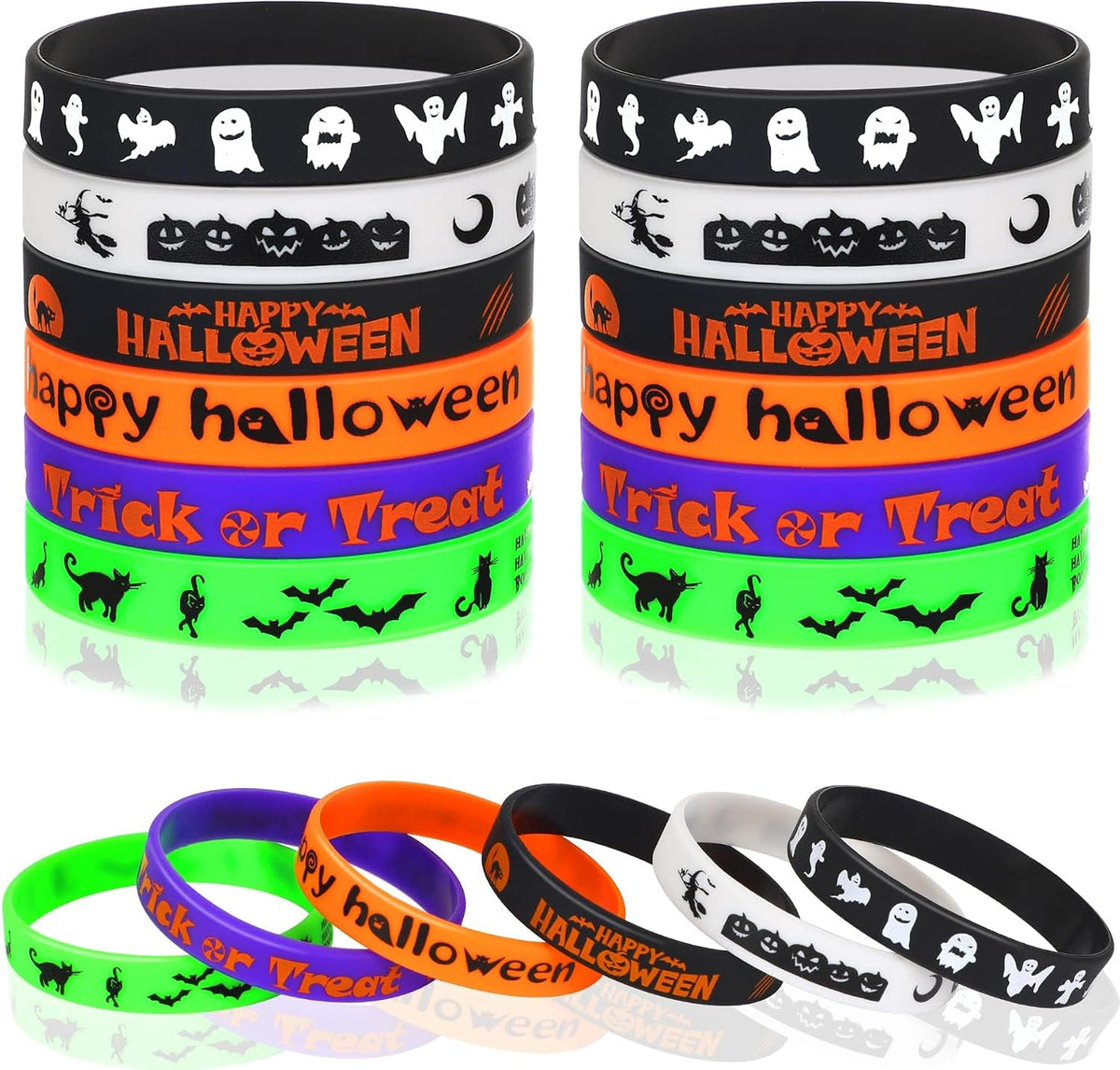 JUNEBRUSHS 24Pcs Halloween Silicone Bracelets Halloween Favors Supplies Rubber Wristbands for Kids Party Goodie Bag Stuffers Fillers Decorations Accessories (6 Designs)