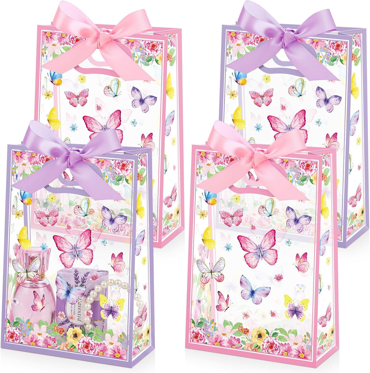 Capoda 24 Pack Butterfly Gift Bags with Handles Pink Purple Floral Party Favor Bags for Girls Birthday Reusable Plastic Goodie Bag Medium Treat Bag for Baby Shower Spring Garden Tea Party Supplies